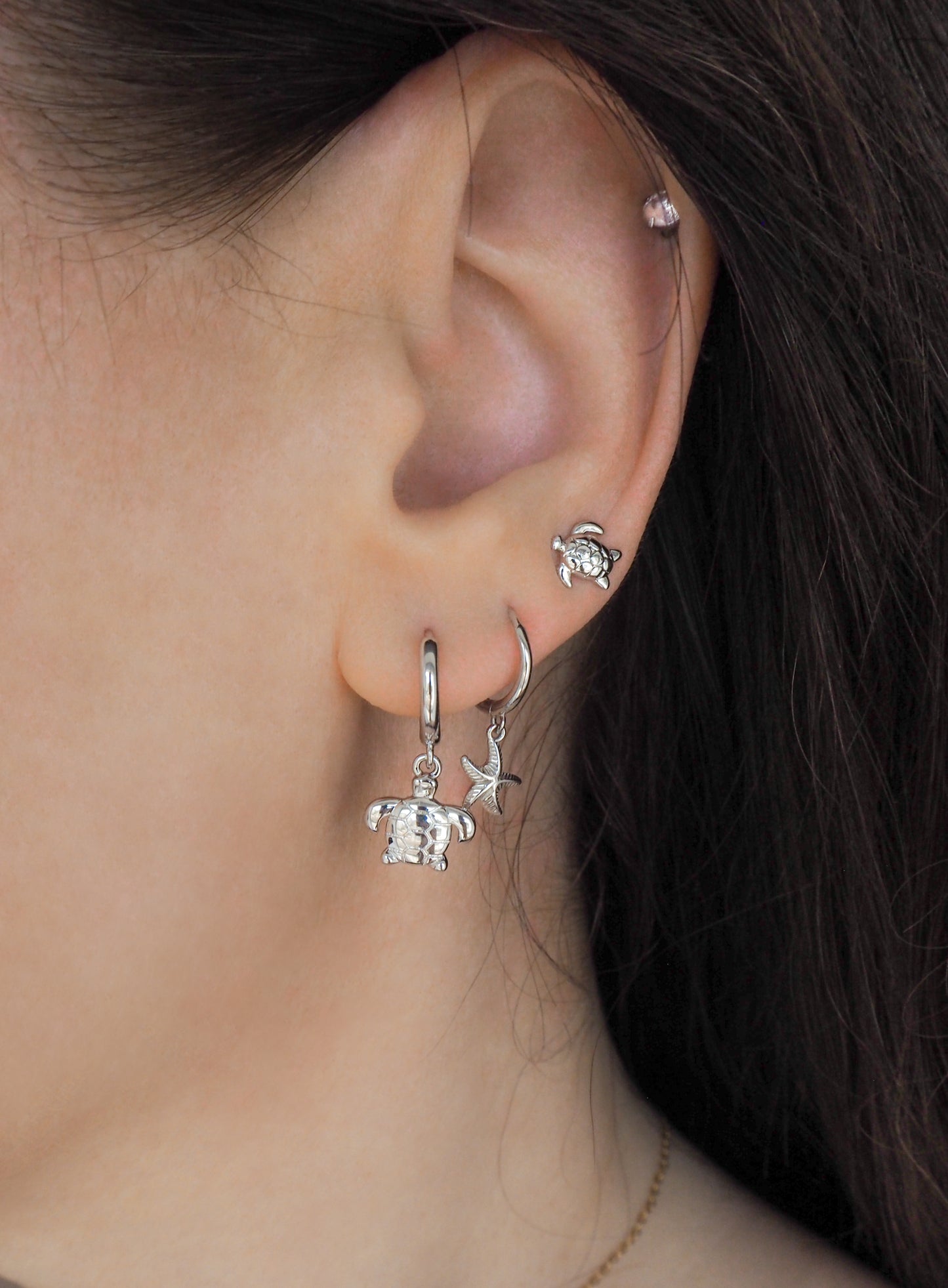 925 Silver Tiny Turtle Hoop Earrings in ear model, 14k gold vermeil 925 sterling silver tiny ocean earrings, beach girl jewelry, sea by lou, mix and match beach earrings