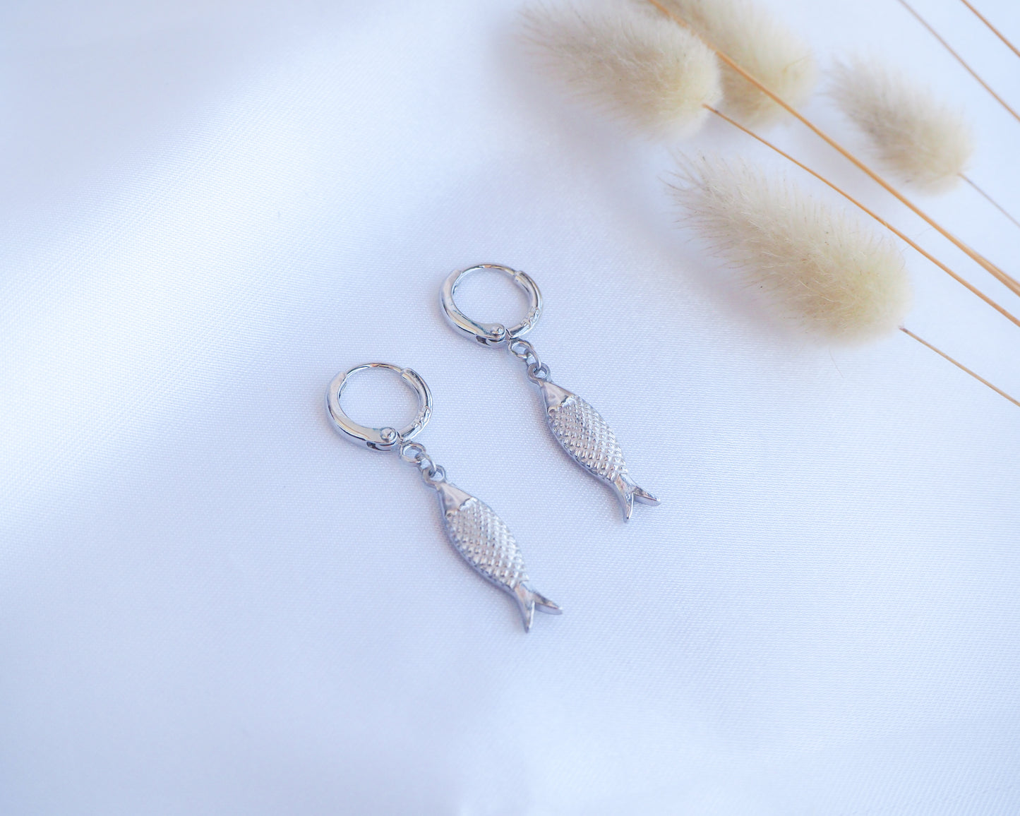 925 sterling silver hoops with silver sardine fish pendants