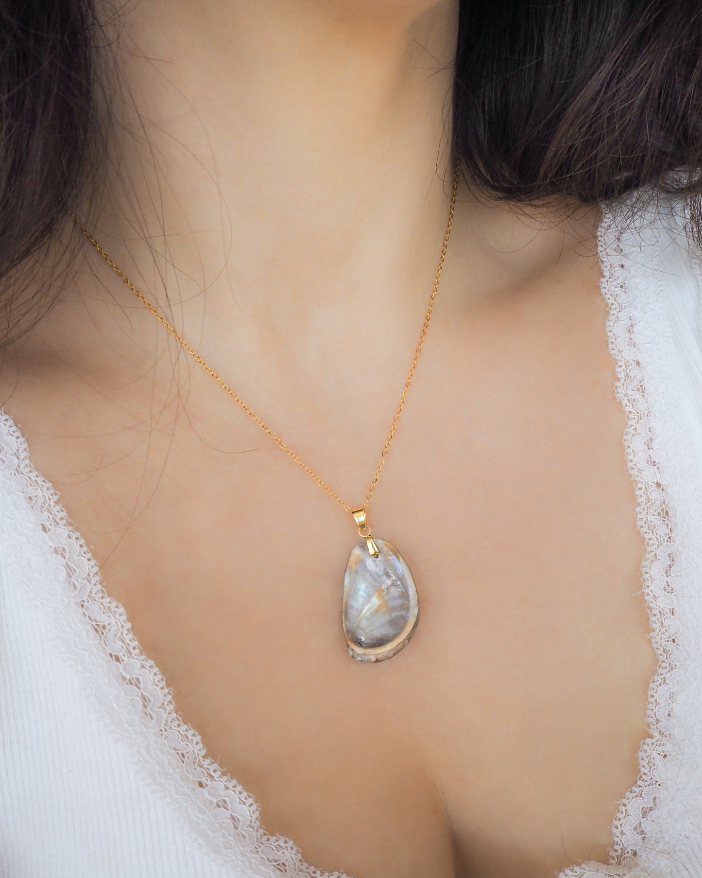 Abalone Shell Green Ormer Shell Necklace on neck model