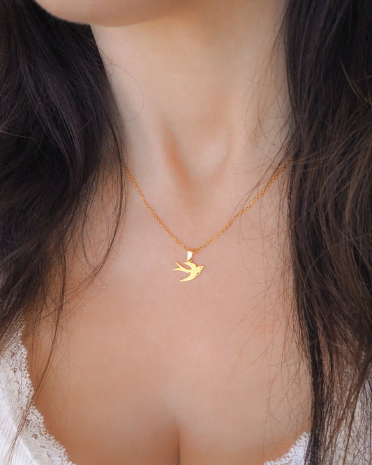 Gold Andorinha Swallow Bird Necklace on model