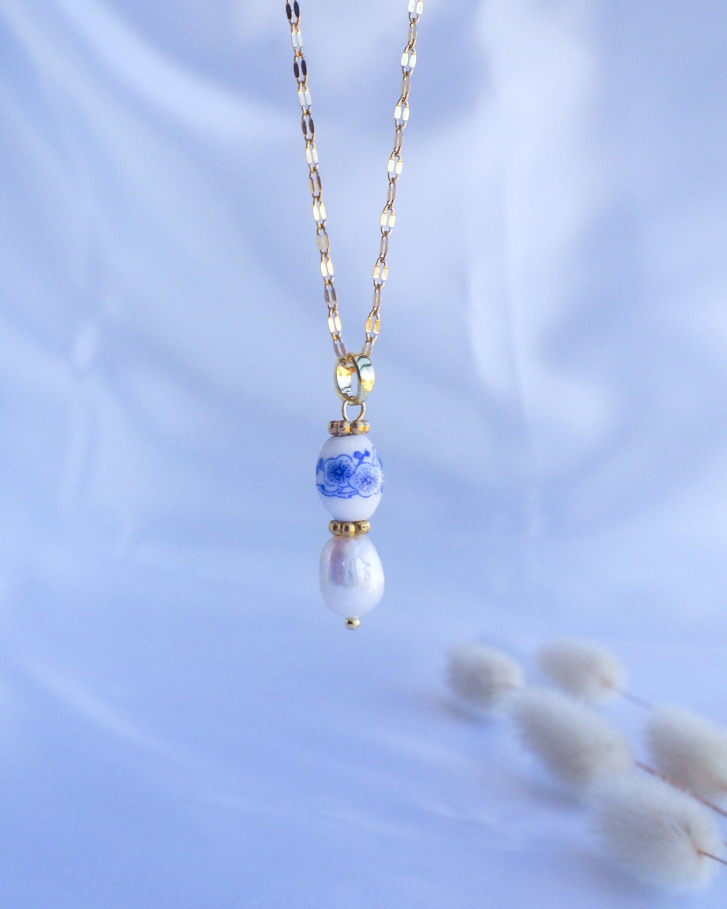 Azulejo Ceramic Flower Tile Pearl Gold Necklace from Portugal