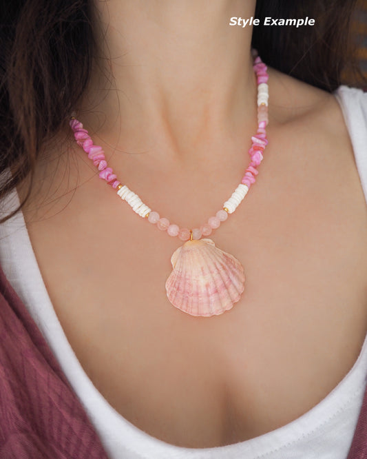 BIG SCALLOP SHELL NECKLACE ~ Rose Quartz Gemstones, Coral Pink Stones and White Shell Beads