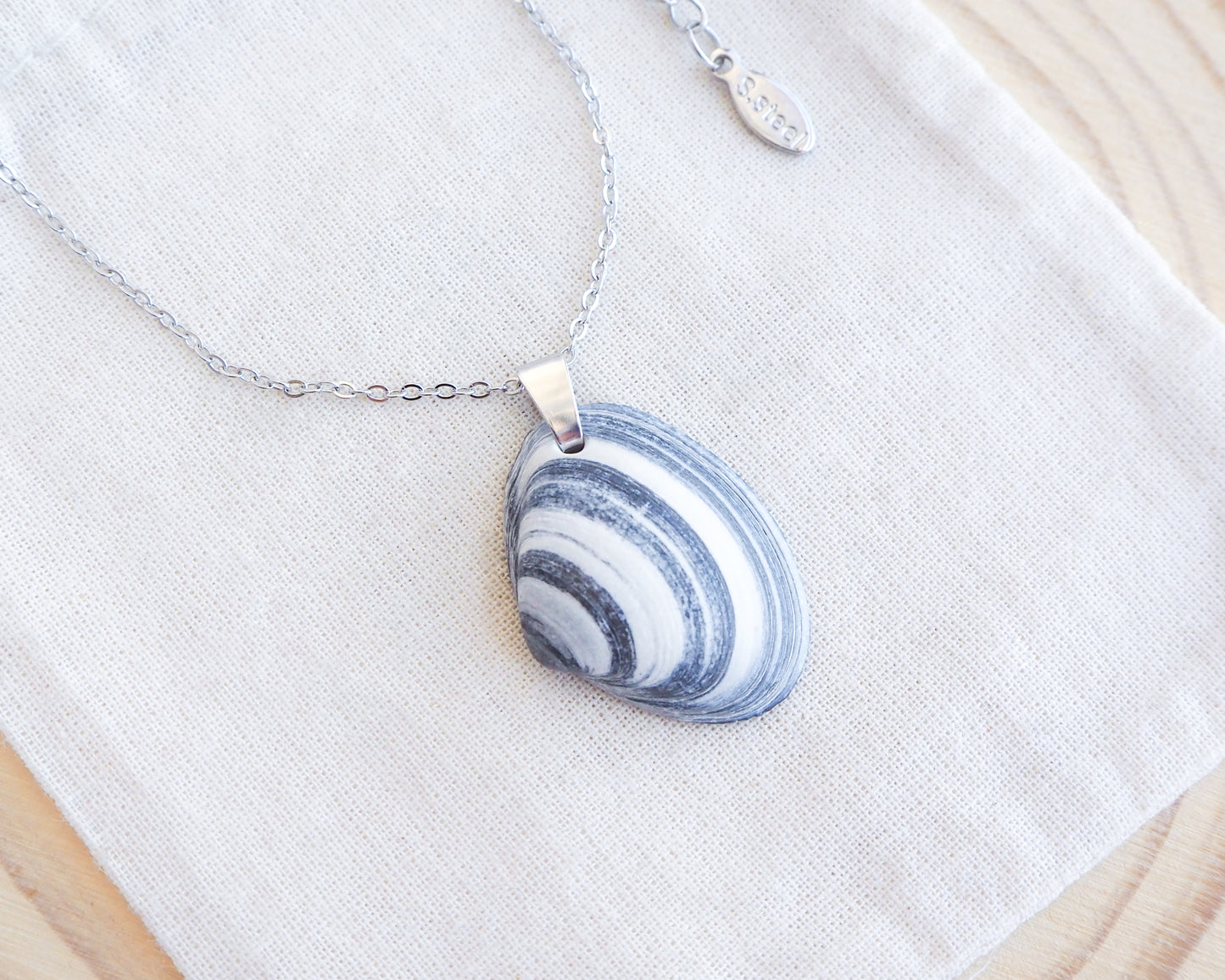 Blue White Striped Atlantic Surfclam Shell Silver Necklace from Portugal on display