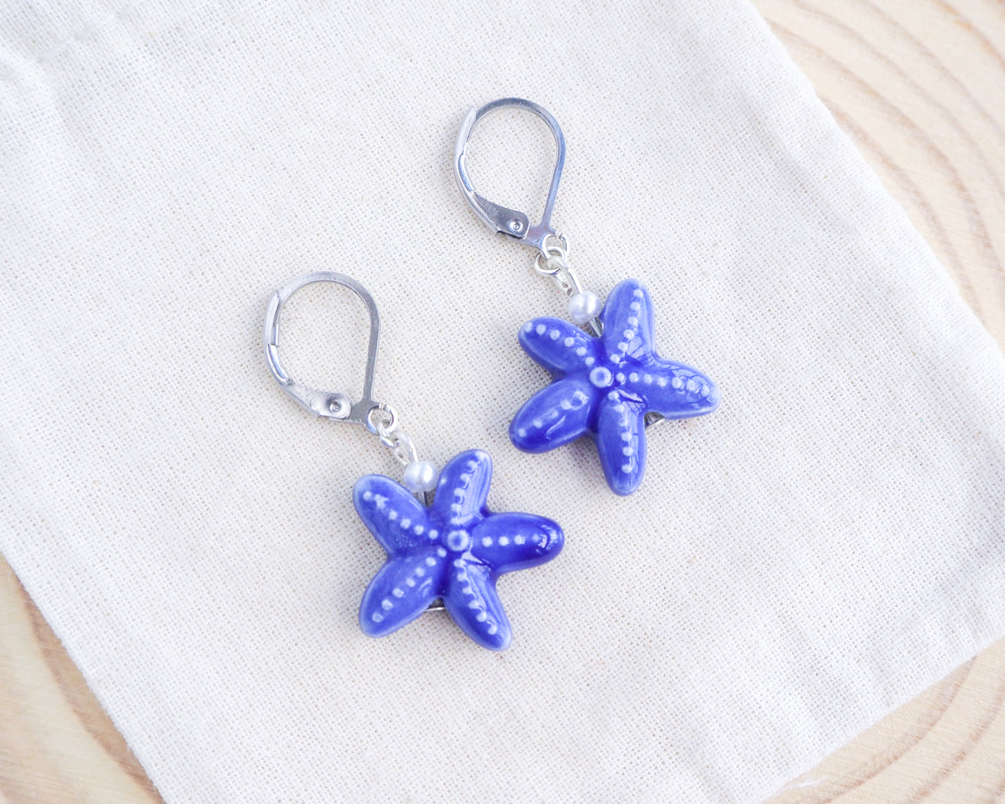 Blue Ceramic Sea Star Silver Earrings on display