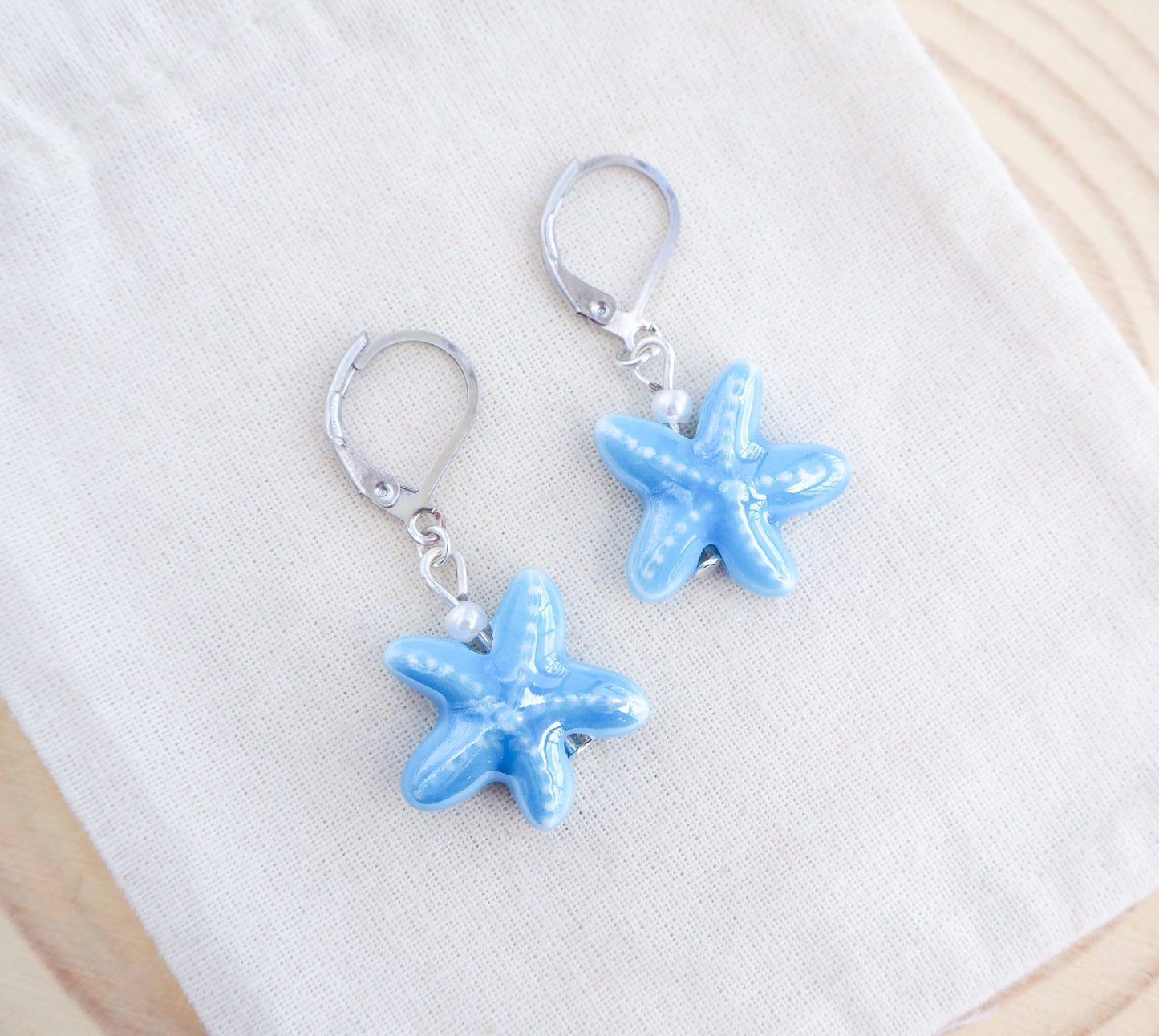 Blue Ceramic Sea Star Starfish Earrings on display