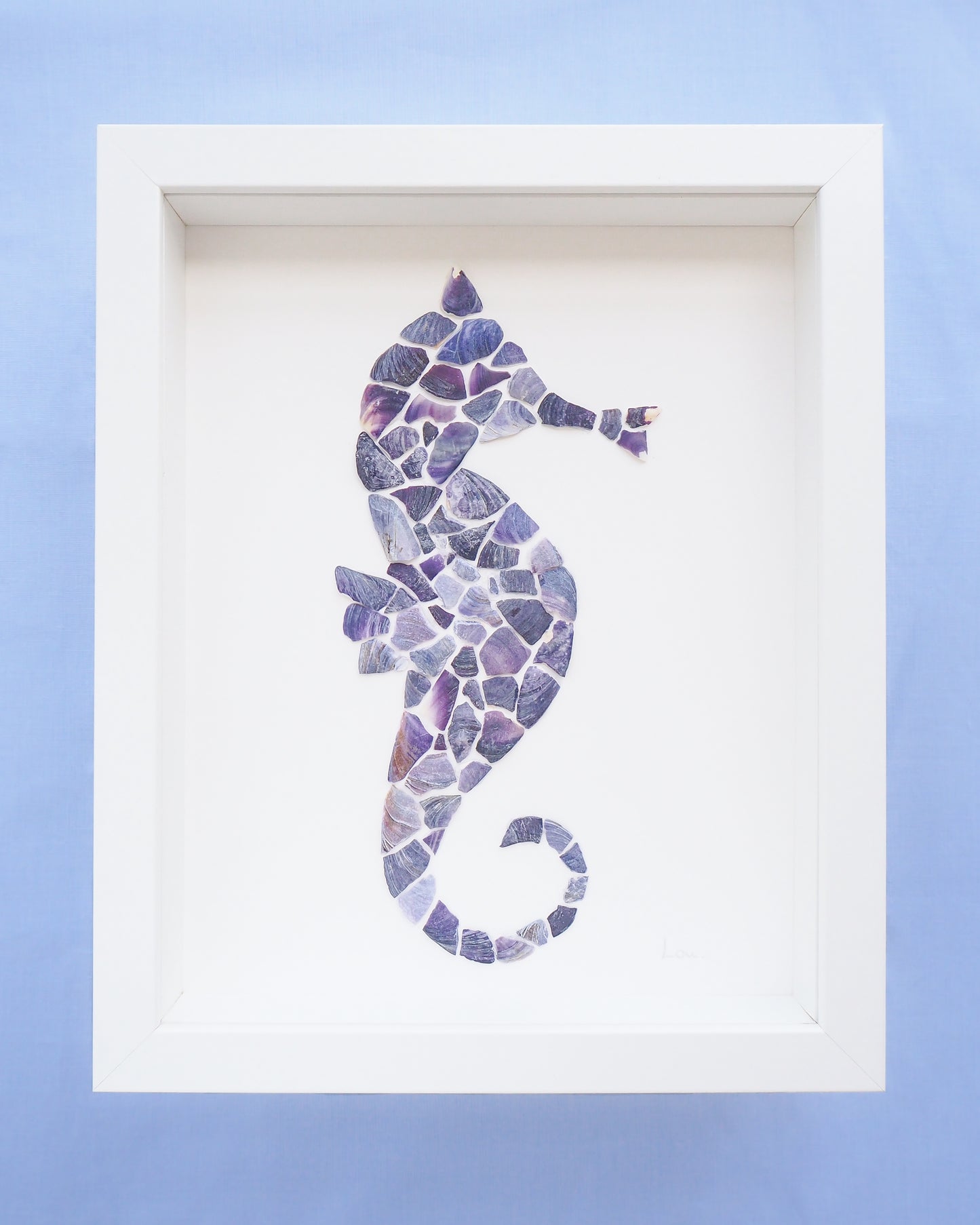 Blue Mussel Mosaic Seahorse Artwork front view, Seashell Mosaic Hippocampus Coastal Wall Art, Coastal Home Decor, Handmade Seashell Art with Blue Mussel Shells from Portugal