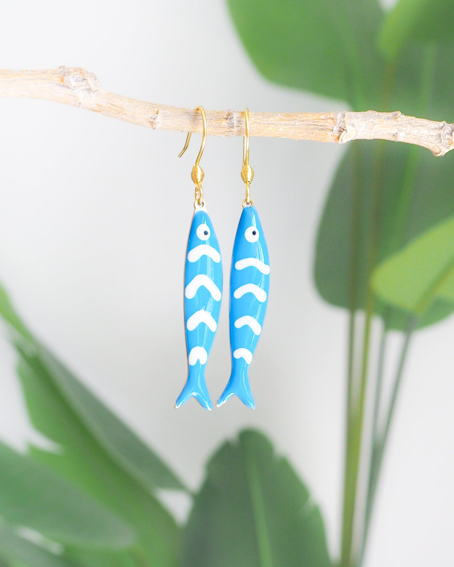 Front view of Blue Sardine Fish Earrings with 14k gold stainless steel earrings, Beautiful gift for Portugal lovers or holiday memory, coastal jewelry from Portugal