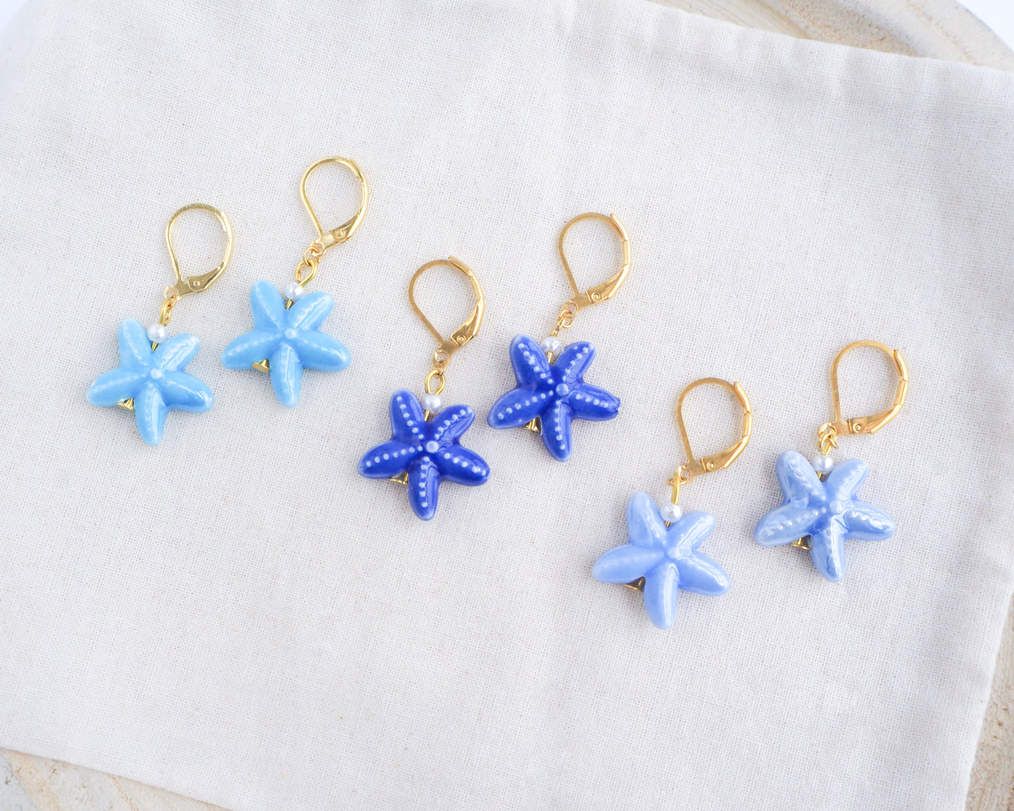 Mix of Blue Starfish Sea Star Gold Earrings