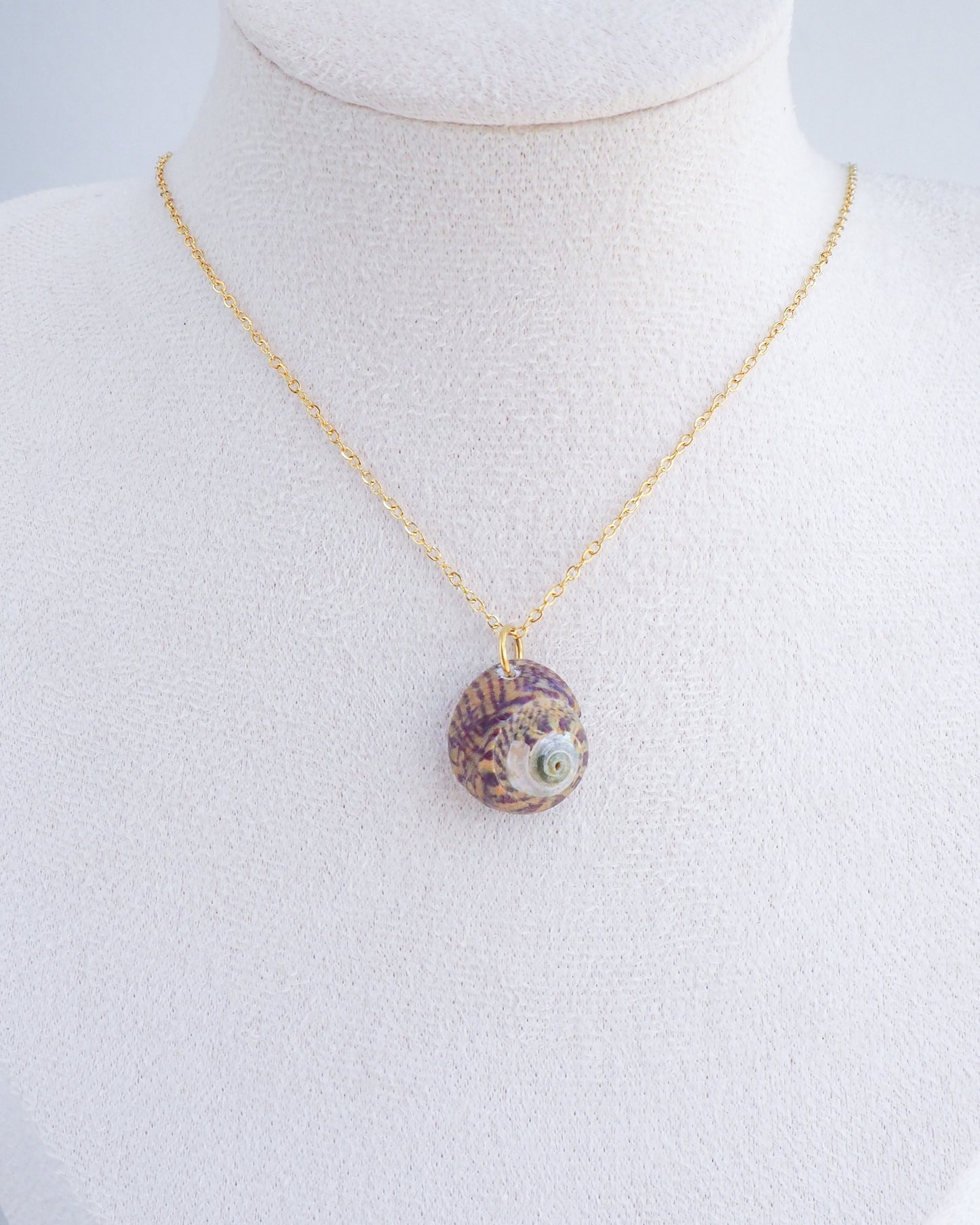 Bordeaux Yellow Striped Top Shell Necklace on neck display