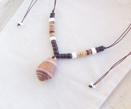 Brown Cone Shell Surf Necklace with Coconut Wooden beads on display