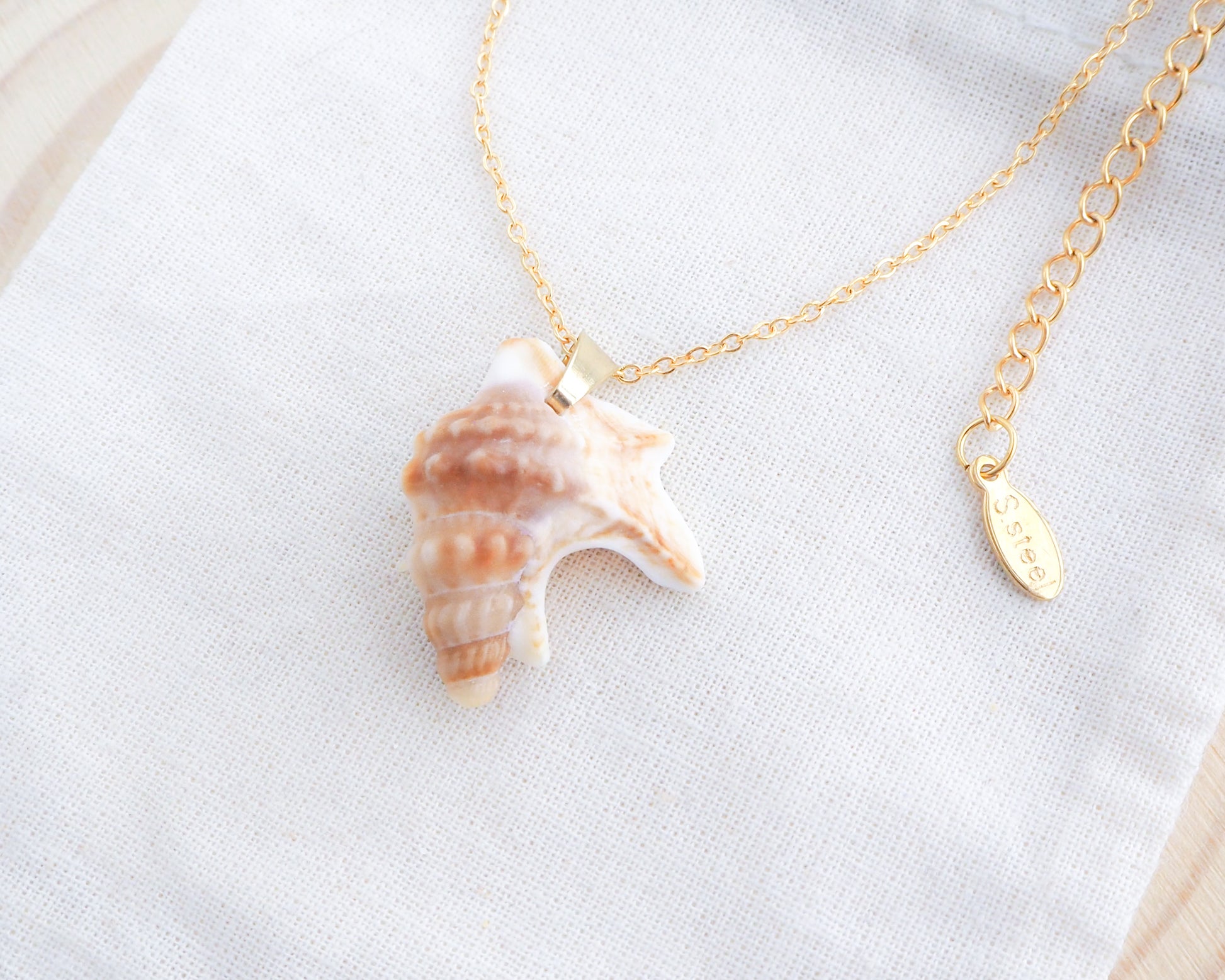 Brown Pelicans Foot Shell Gold Necklace on display