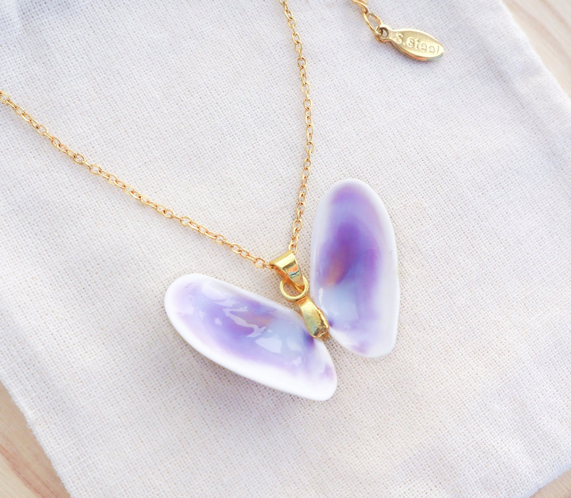 Lilac Coquina Butterfly Shell Necklace, Lovely Donax Shell Necklace on display, Gold Necklace with Purple Coquina Shells from Portugal on display