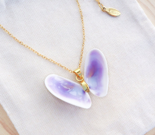 Lilac Coquina Butterfly Shell Necklace, Lovely Donax Shell Necklace on display, Gold Necklace with Purple Coquina Shells from Portugal on display