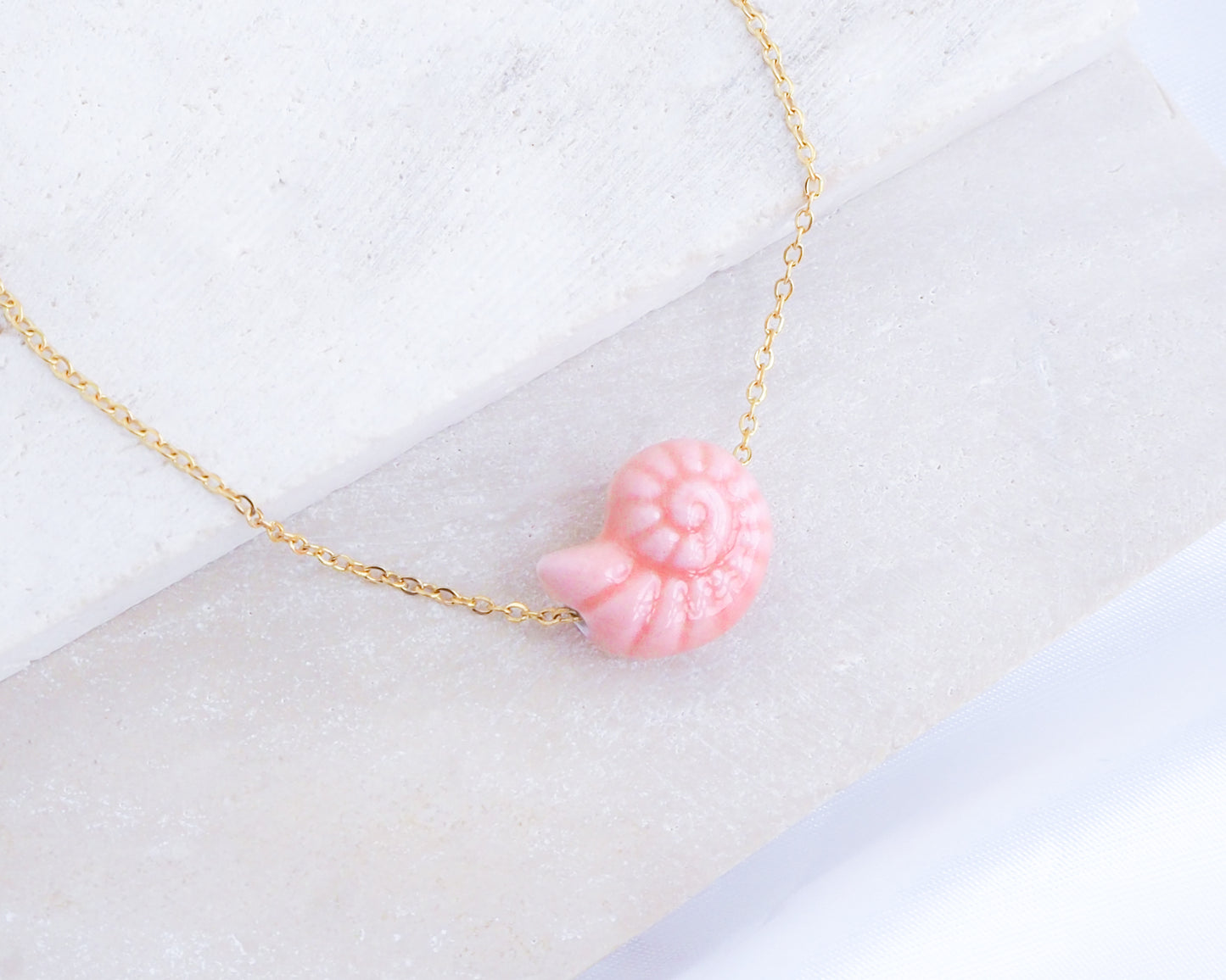 Coral Pink Seashell Ceramic Nautilus Gold Necklaces