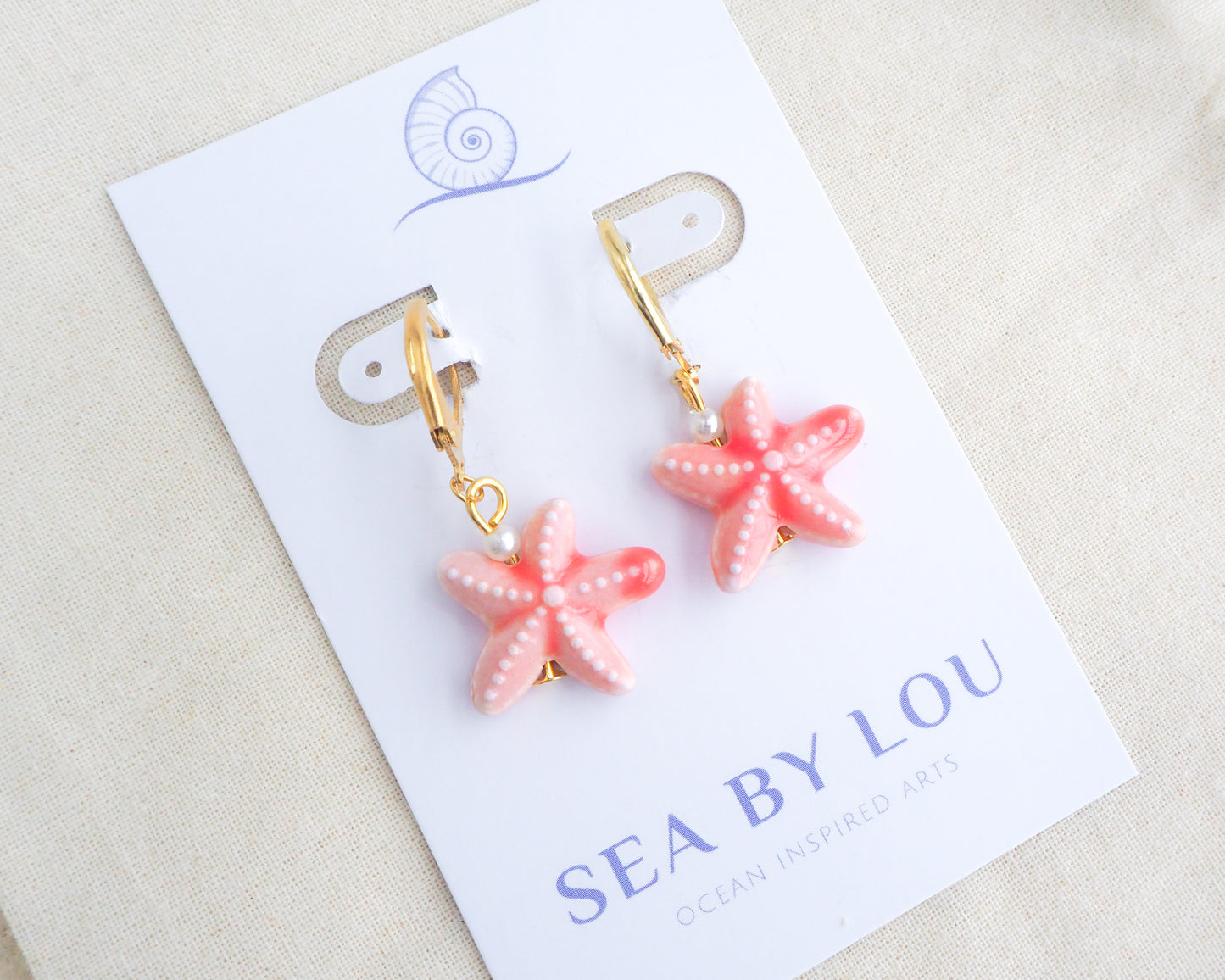 Coral Pink Starfish Ceramic Earrings, Sea Stars