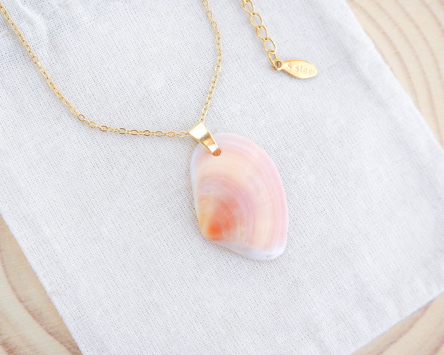 Coral Pink Thin Tellin Shell Gold Necklace on display