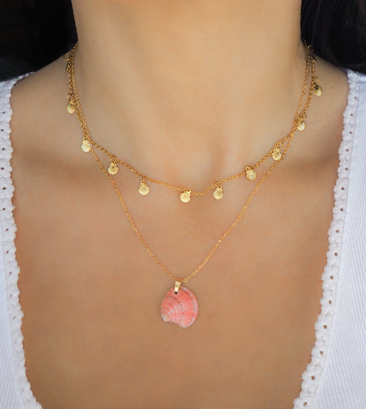 Coral Pink Venus Shell Gold Necklace on neck model, seabylou ocean inspired jewelry, real shell necklace