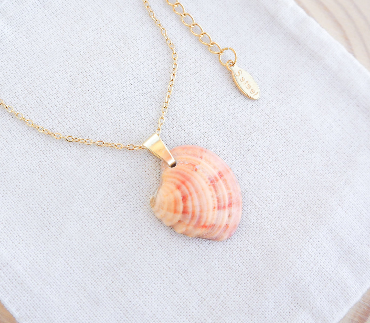 Coral Venus Shell Gold Necklace on display