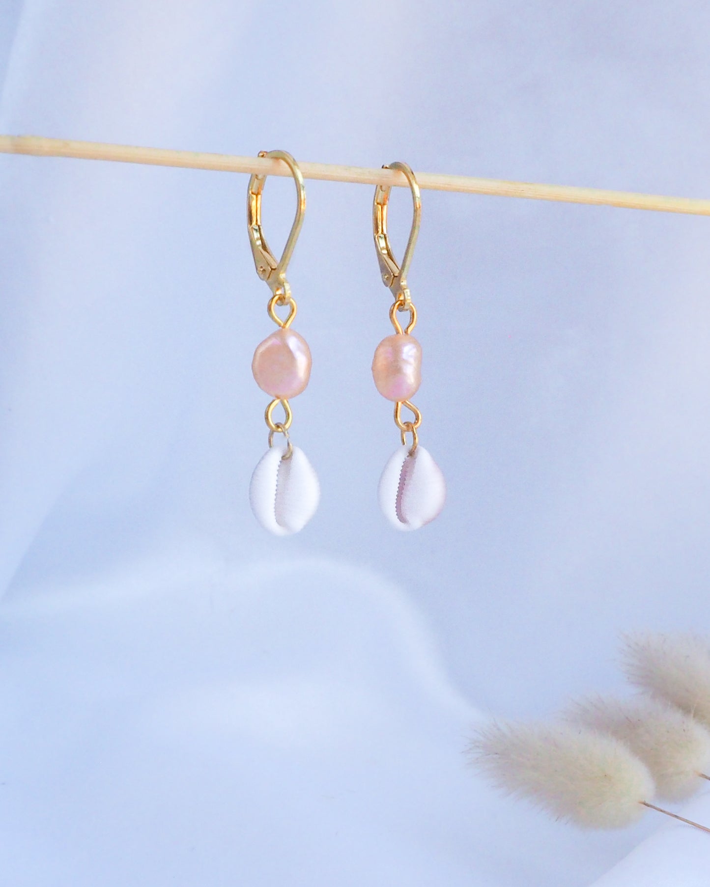Cowrie Beach Wedding Gold Earrings with Trivia Monacha Shells from Portugal