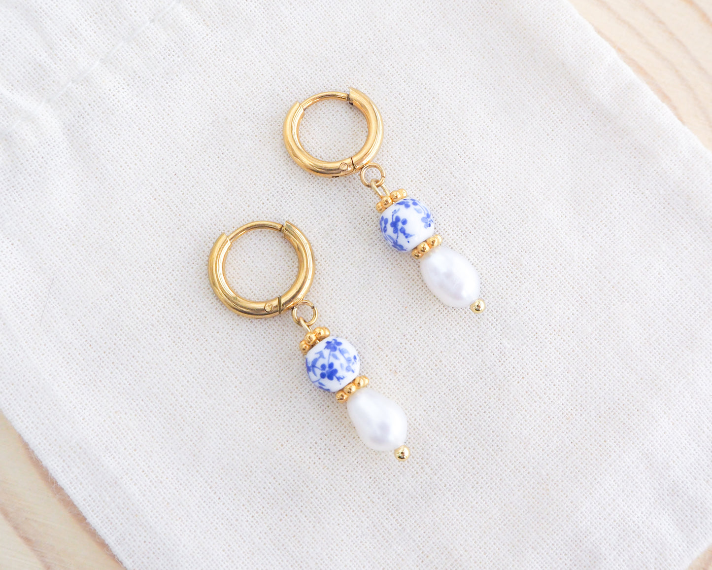 Mini Azulejo Earrings from Portugal on display, Dainty Portuguese Ceramic Pearl Earrings, Portuguese Tlle Jewelry, Blue White Flower Porcelain Earrings