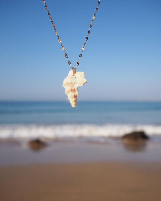 Pelican's Foot Shell Gold Deluxe Necklace with ocean background, Handpicked Pelicans Foot Shell from Portugal, Algarve Seashell Jewelry, Portuguese Beach