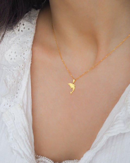 Dolphin Minimalistic Gold Necklace on neck model