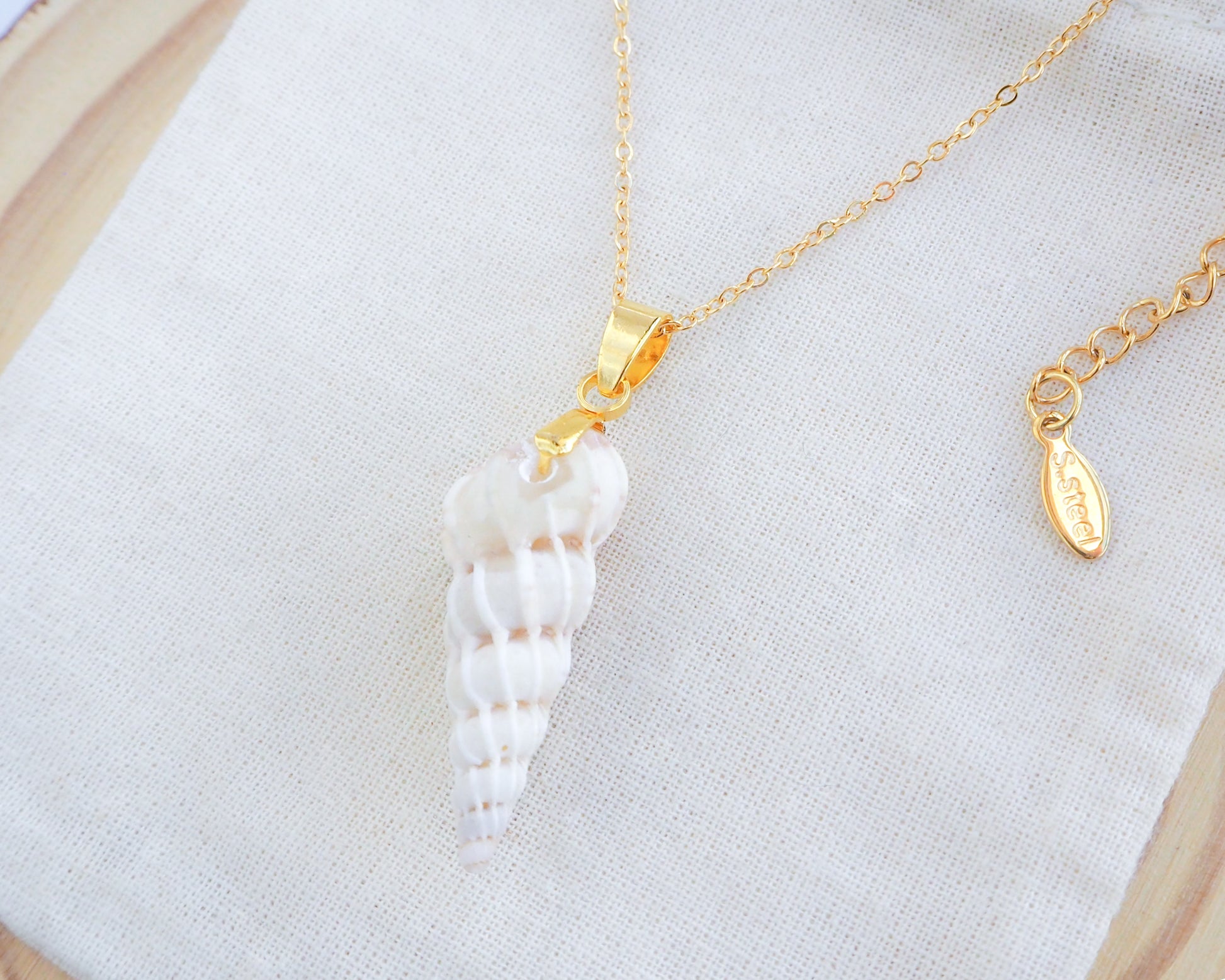 Front view of White Common Wentletrap Necklace on display