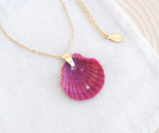 Fuchsia Scallop Shell Gold Necklace on display