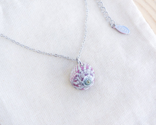 Fuchsia Striped Top Shell Silver Necklace on display