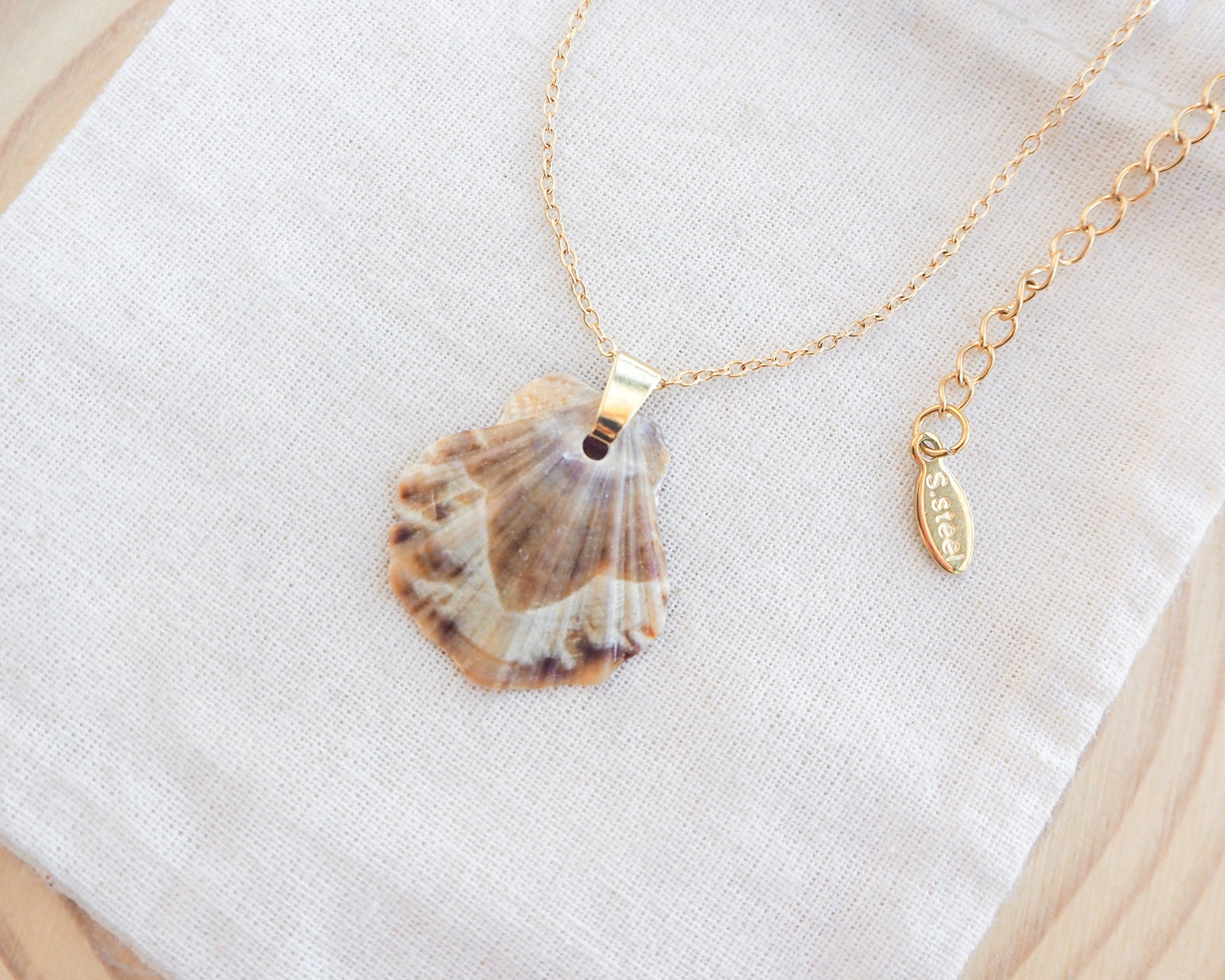 Brown Scallop Shell Gold Necklace on display side view