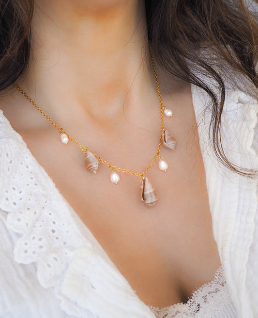 Mediterranean Cone Shell with Pearl Charm Necklace on neck model, Cone Shells with Freshwater Pearls from Portugal