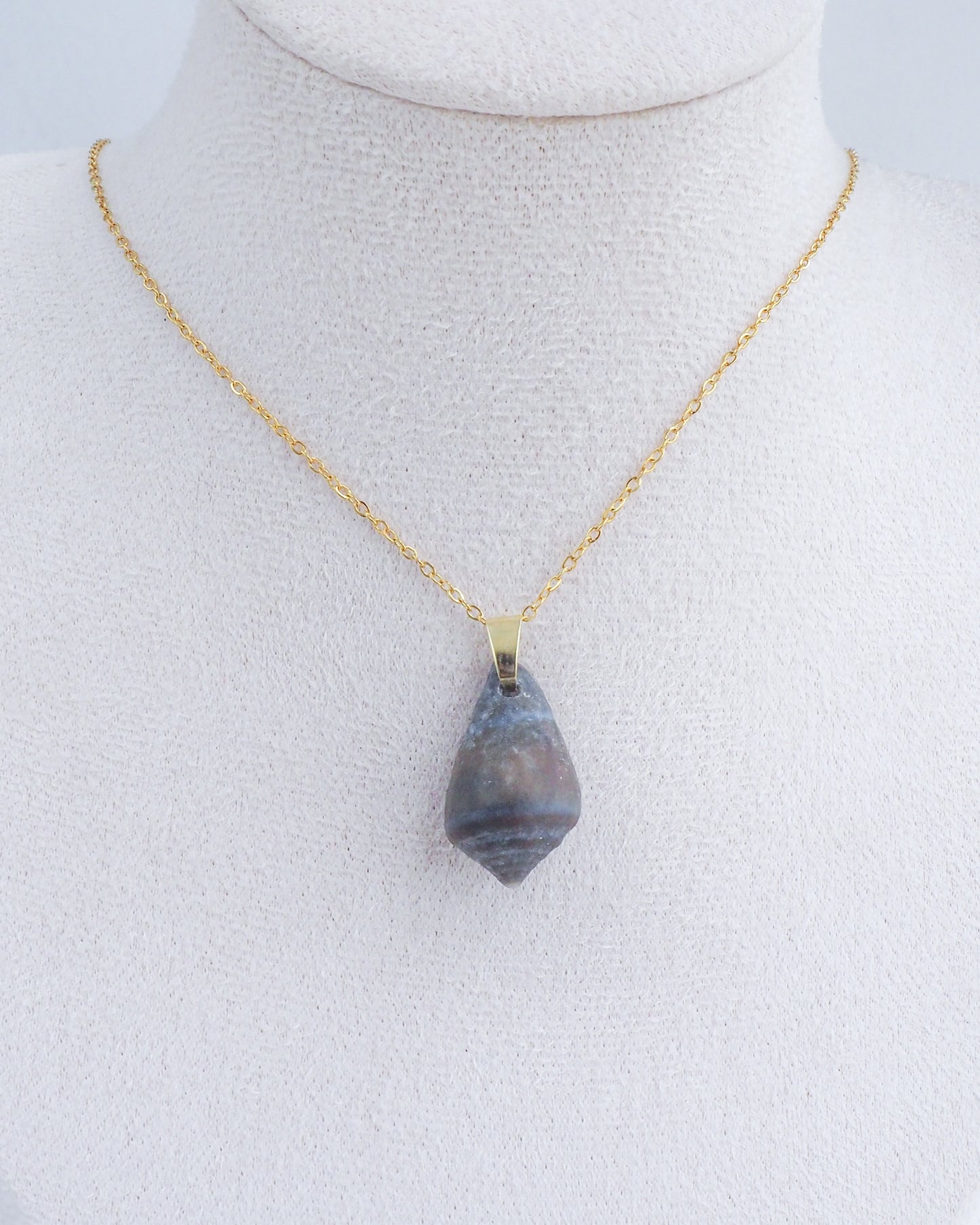 Dark Mediterranean Cone Shell Necklace on neck displayed