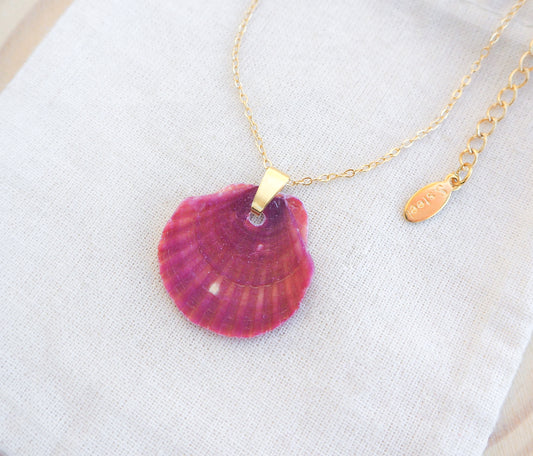 Grape Fuchsia Scallop Shell Gold Necklace on display