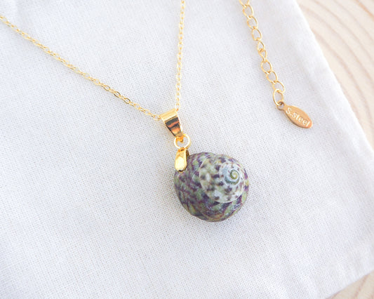 Green Striped Top Shell Gold Necklace side view on display