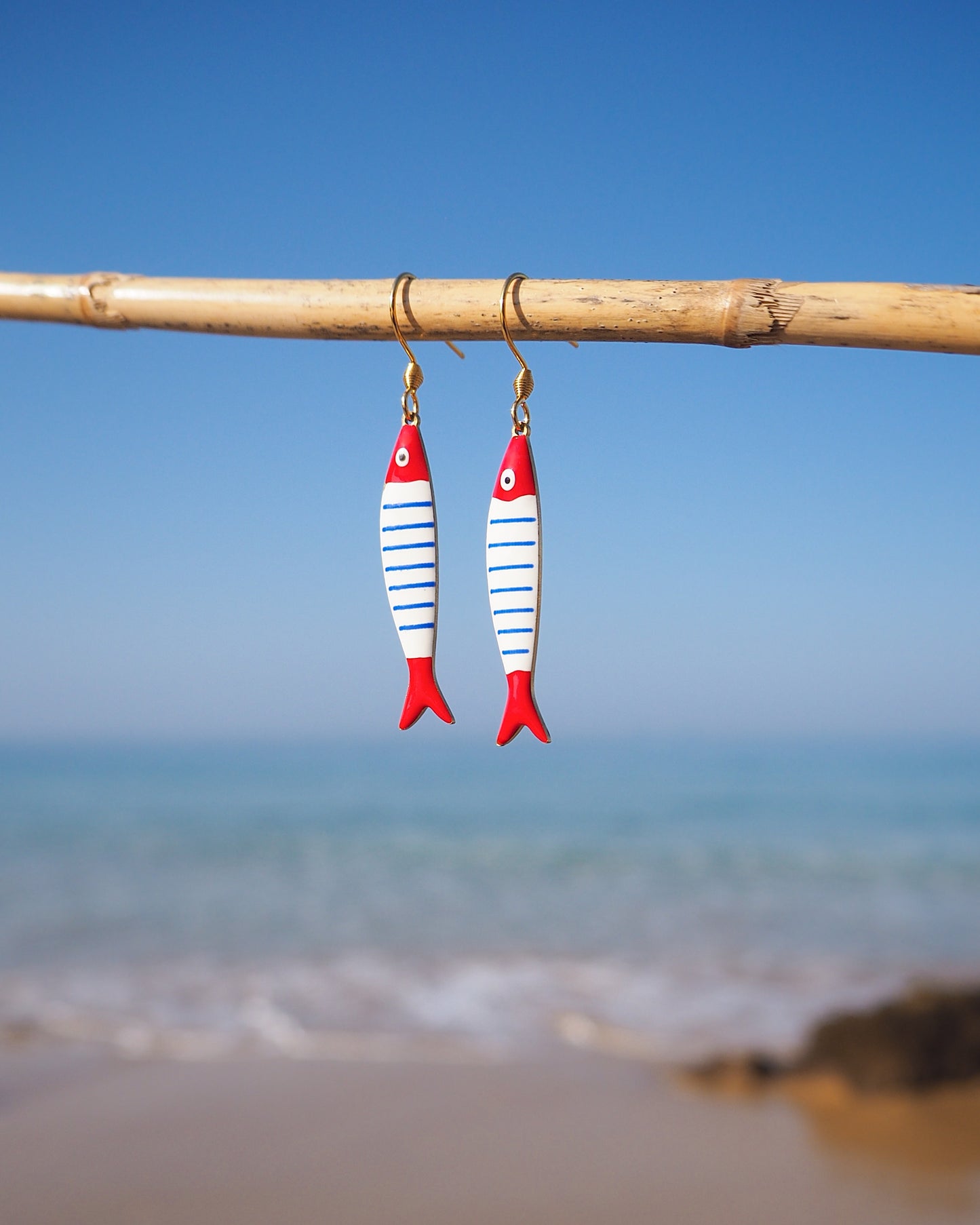 Nautical Striped Sardine Fish Earrings with ocean background, Red Blue White Striped Fish Pendant, Beautiful gift for Portugal lovers or holiday memory, coastal jewelry from Portugal