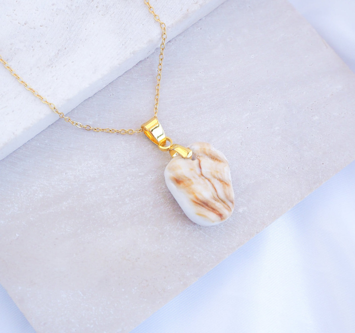 Gold Necklace with Mediterranean Cockle Shell Piece on display, Sunny Shell Necklace from Portugal