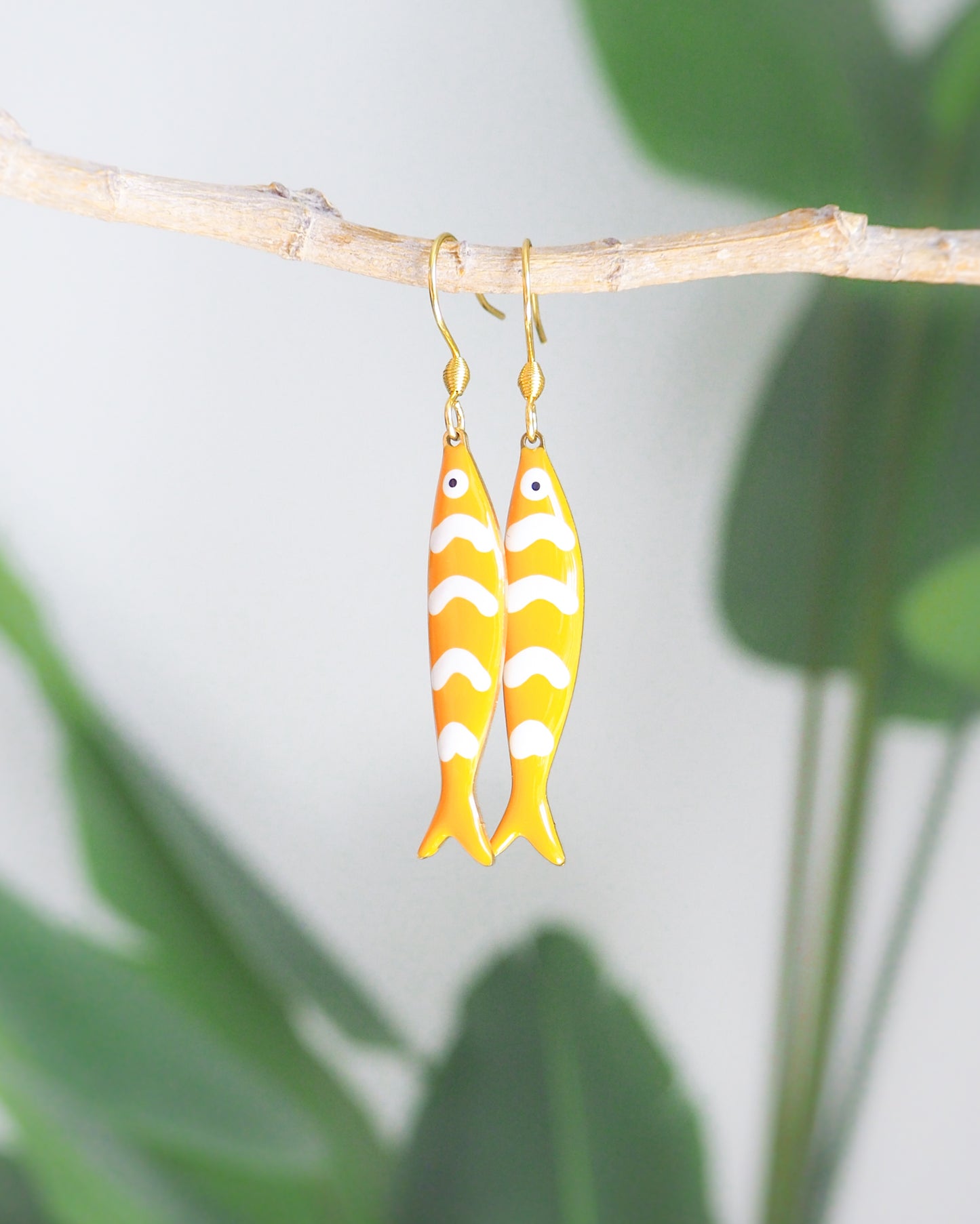 Front view of Orange Sardine Fish Earrings with 14k gold stainless steel earrings, Beautiful gift for Portugal lovers or holiday memory, coastal jewelry from Portugal