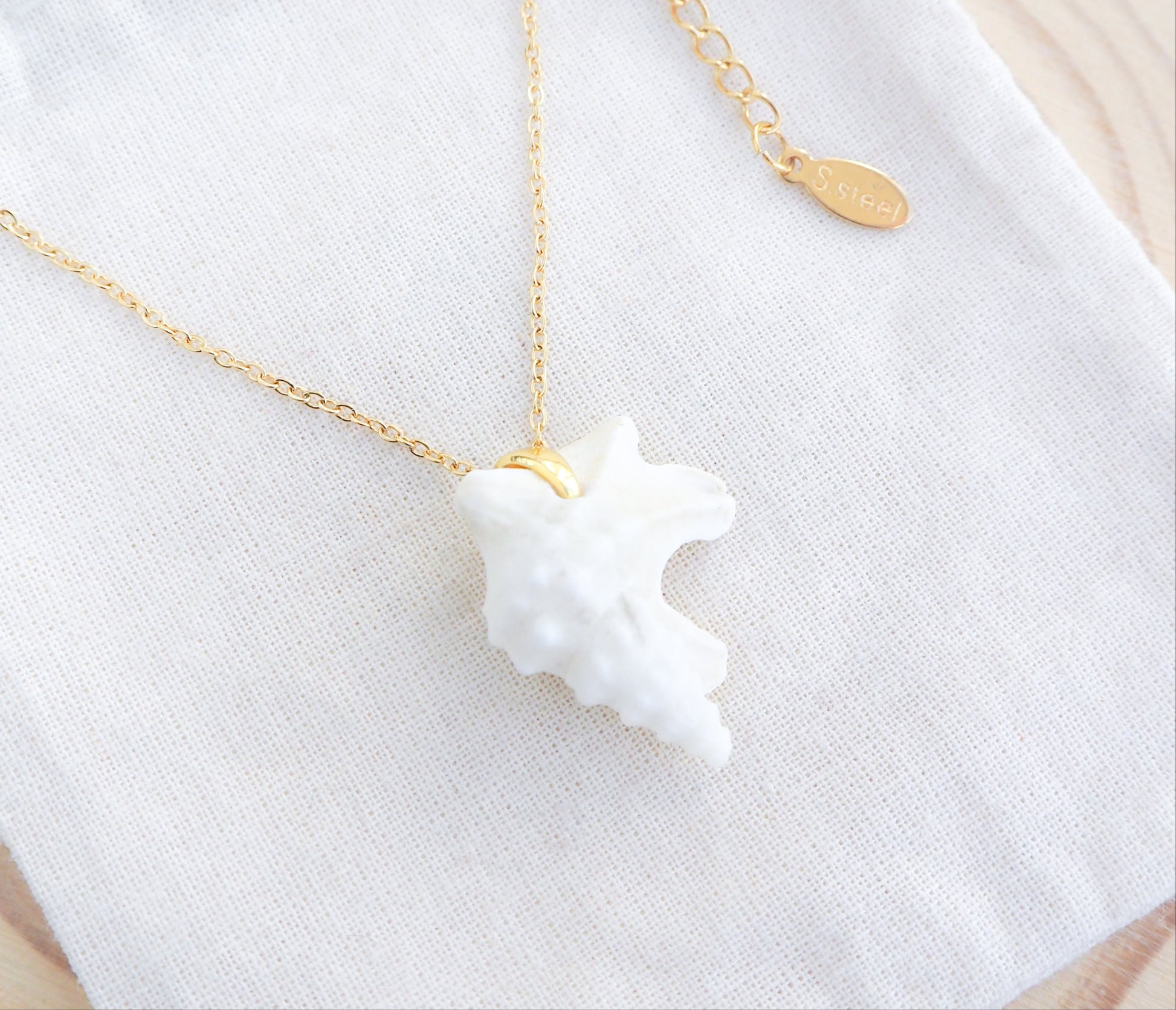 Pelican Foot Shell Gold Necklace, Real White Shell from Algarve, Portugal, Stainless Steel chain