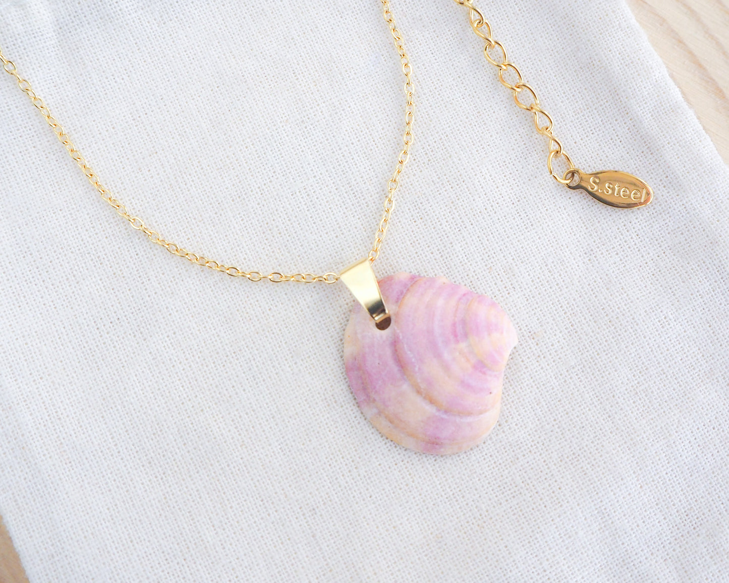 Gold Pink Orange Venus Shell Necklace on display, Banded Venus Shell from Portugal, Shell jewelry, Sea by Lou
