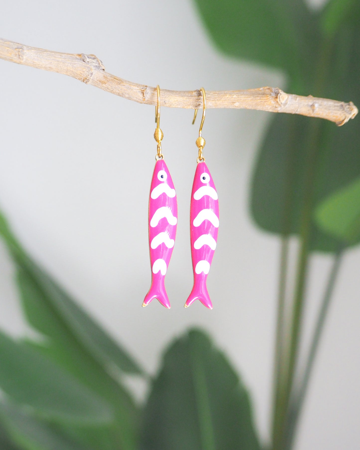 Front view of Pink Sardine Fish Earrings with 14k gold stainless steel earrings, Beautiful gift for Portugal lovers or holiday memory, coastal jewelry from Portugal