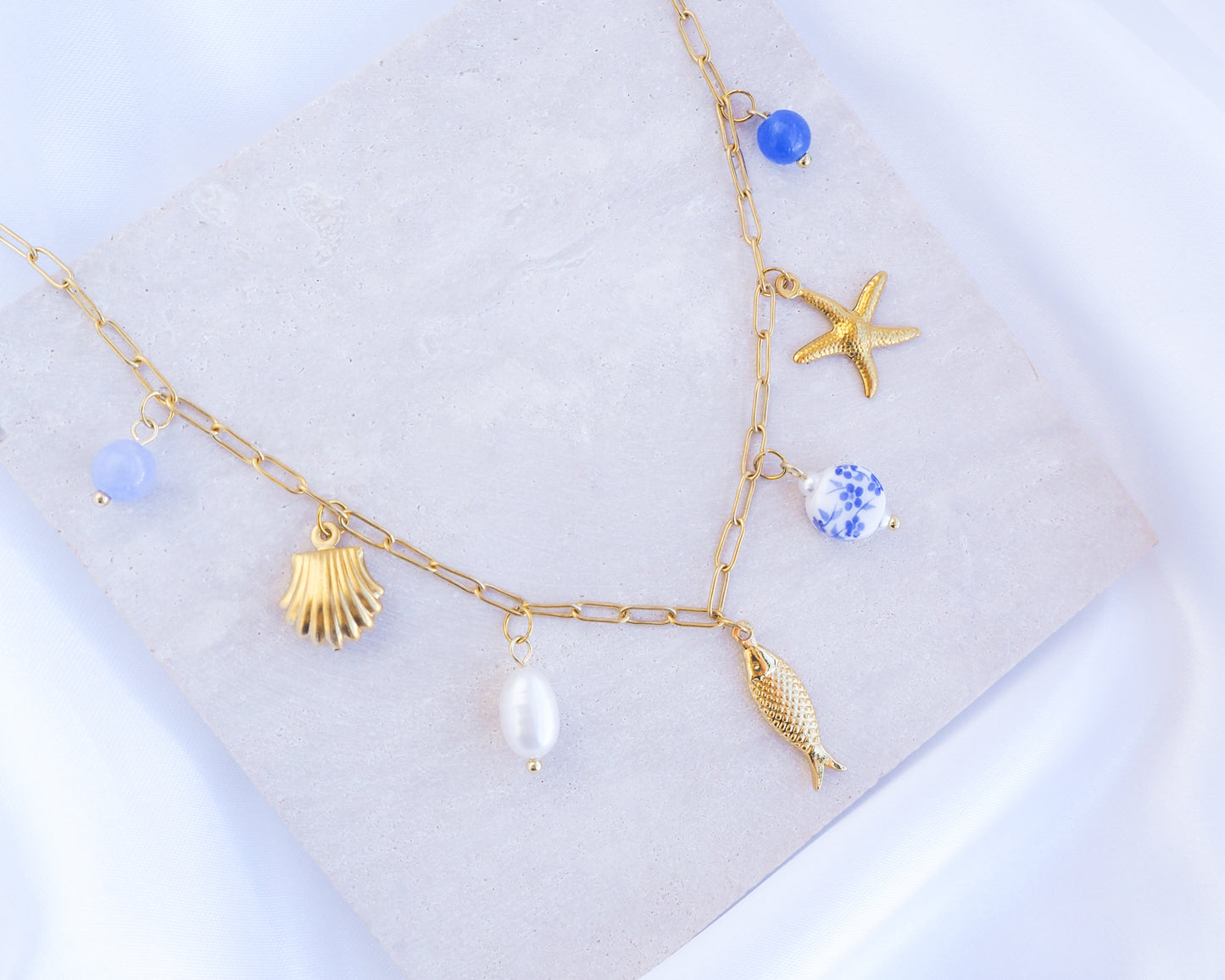 Gold Portuguese Charm Necklace Sardine Ceramic Tile Pearl on stone
