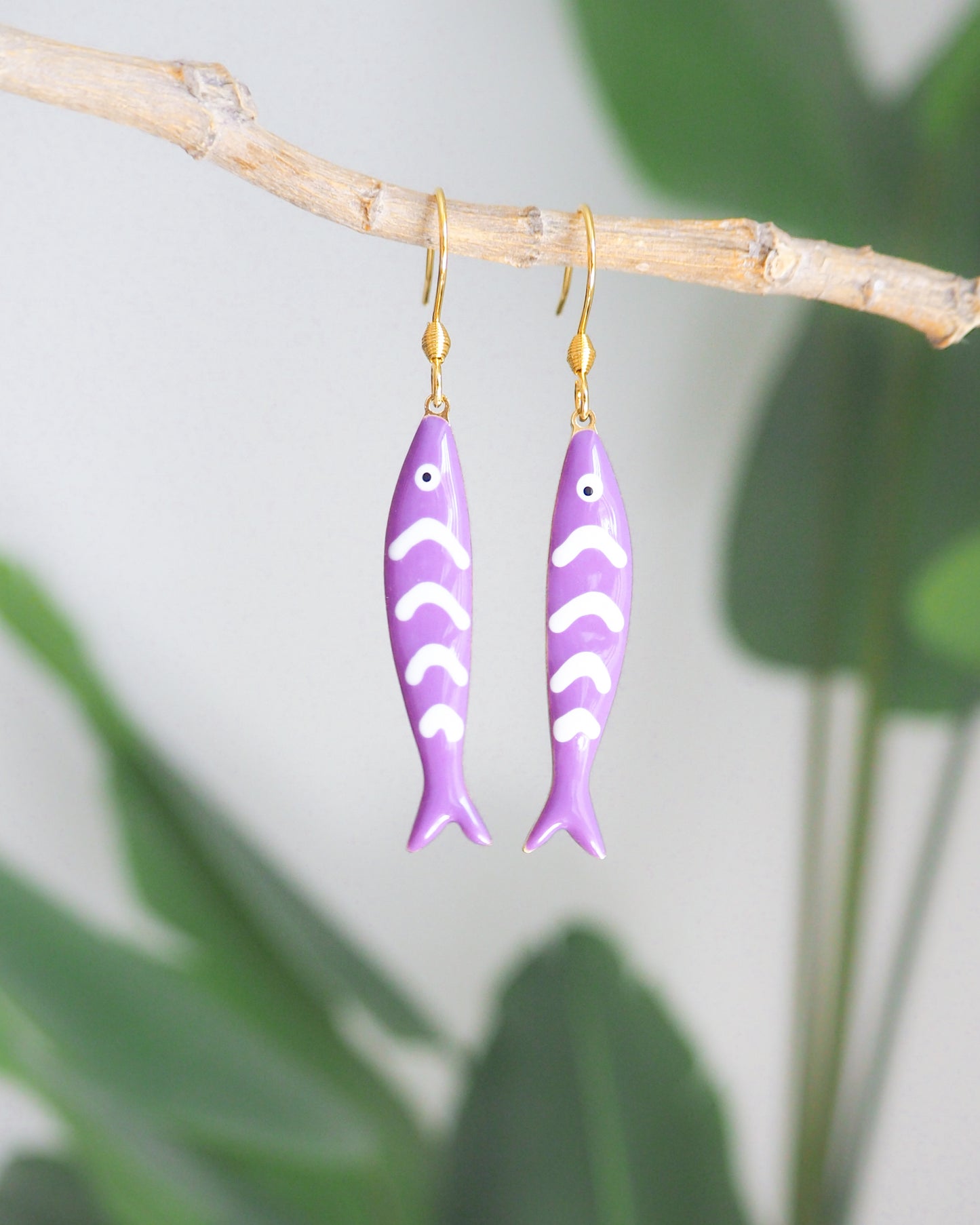 Front view of Purple Sardine Fish Earrings with 14k gold stainless steel earrings, Beautiful gift for Portugal lovers or holiday memory, coastal jewelry from Portugal