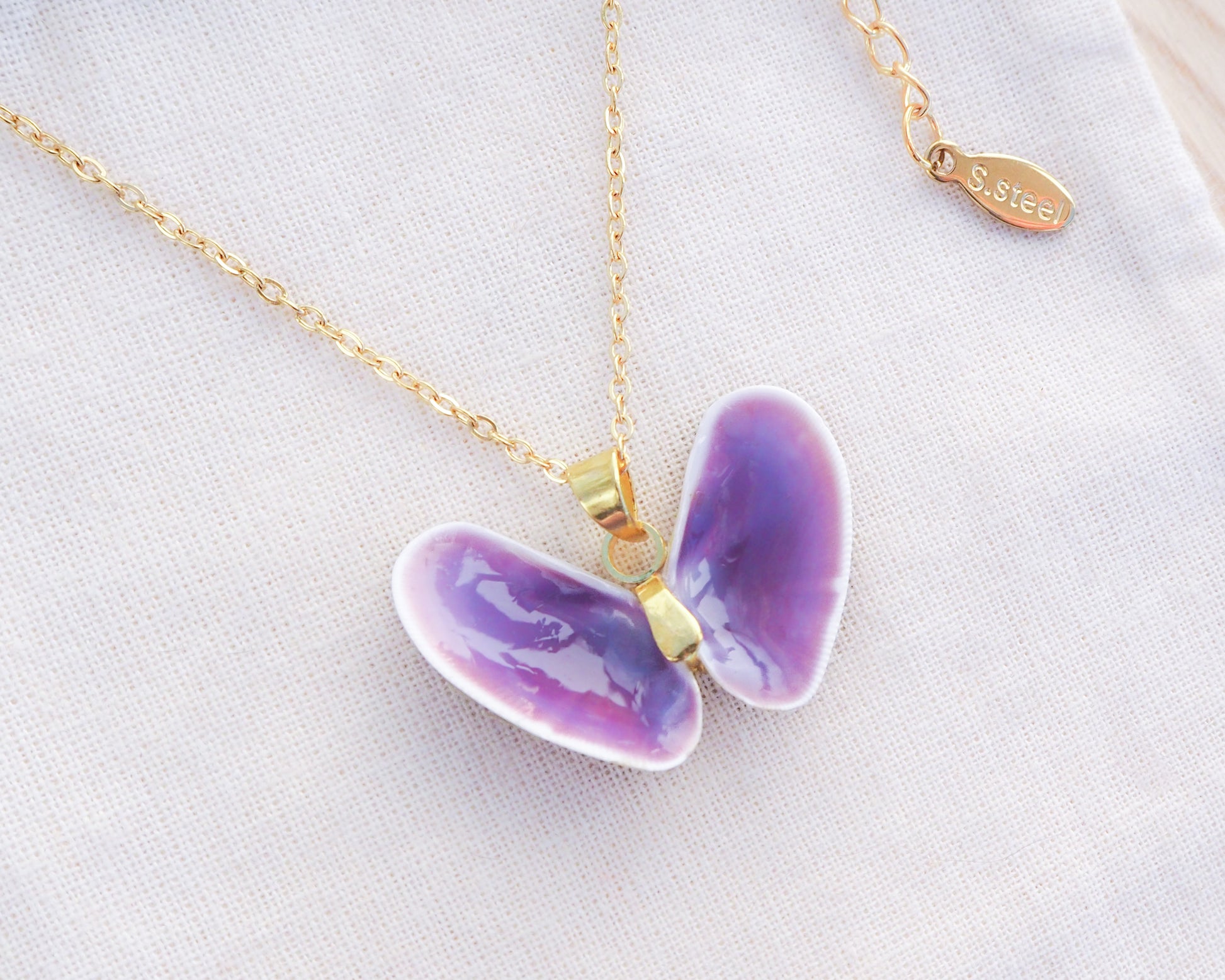 Gold Purple Sea Butterfly Shell Necklace VI, Shell from Portugal on display