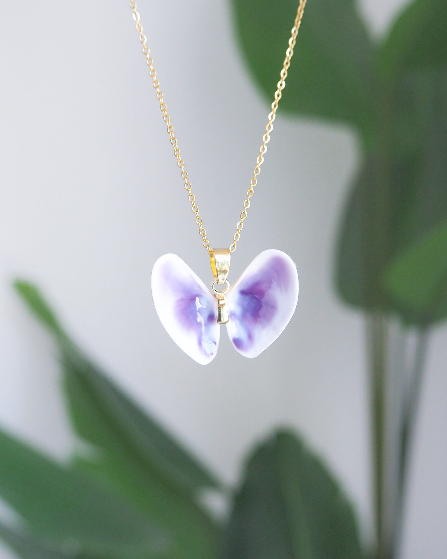 Purple White Coquina Butterfly Shells Gold Necklace front view