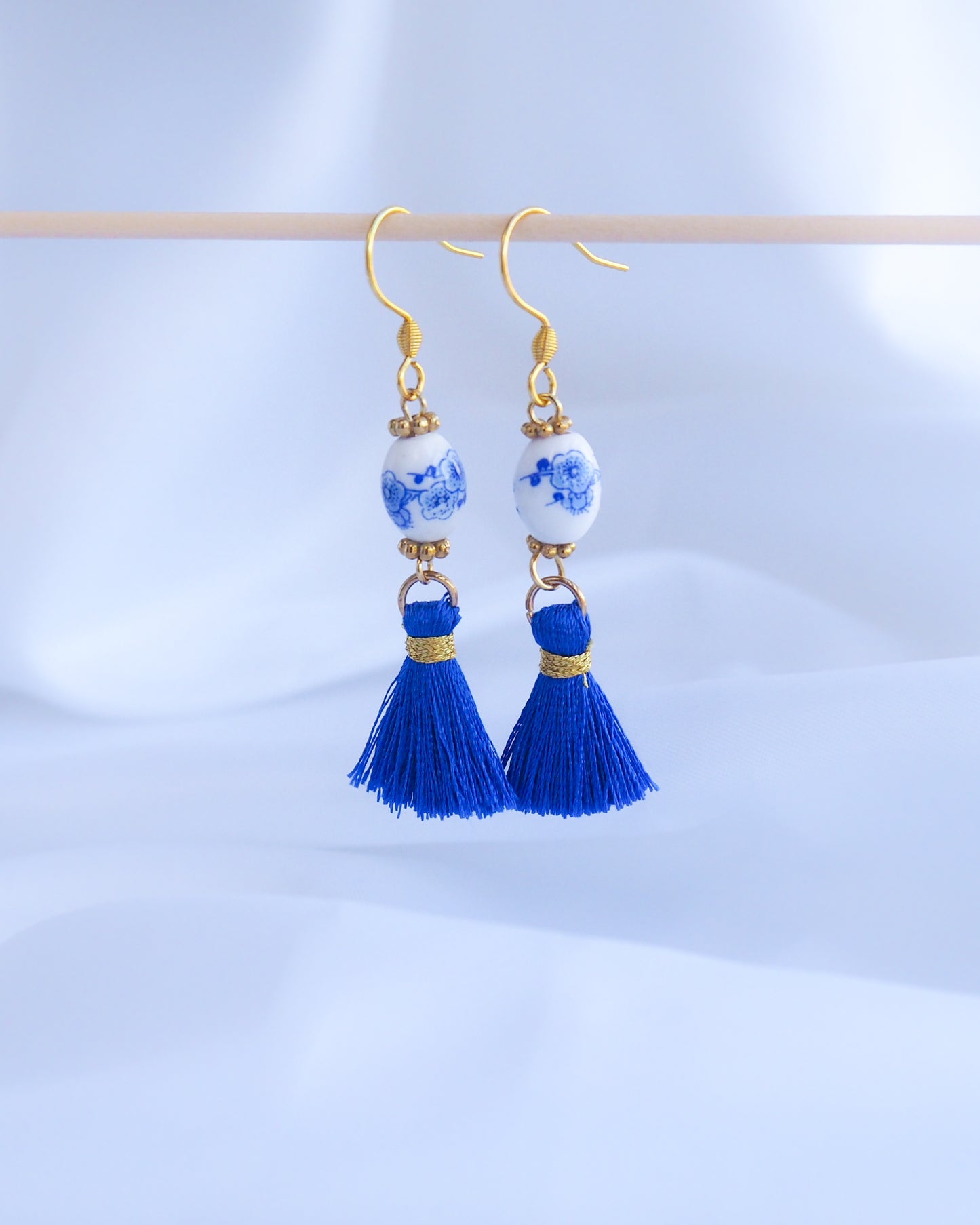 front view of Gold Royal Blue Portuguese Tile Earrings