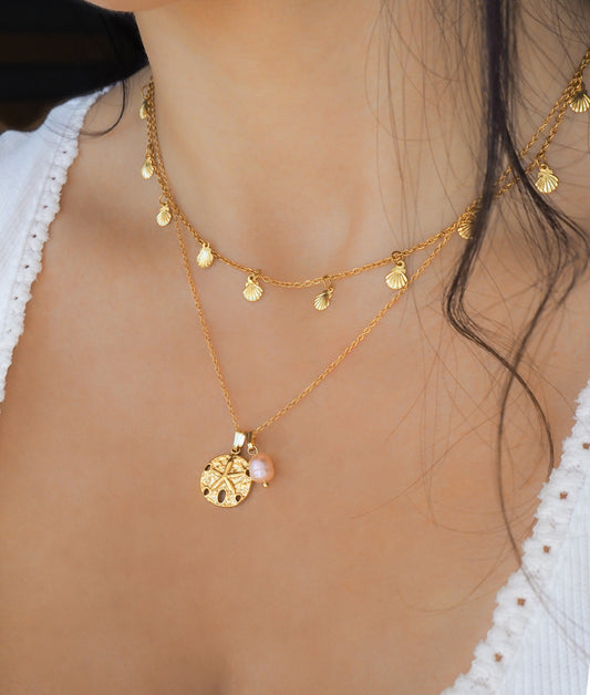 Gold Sand Dollar Rose Freshwater Pearl Necklace on neck model