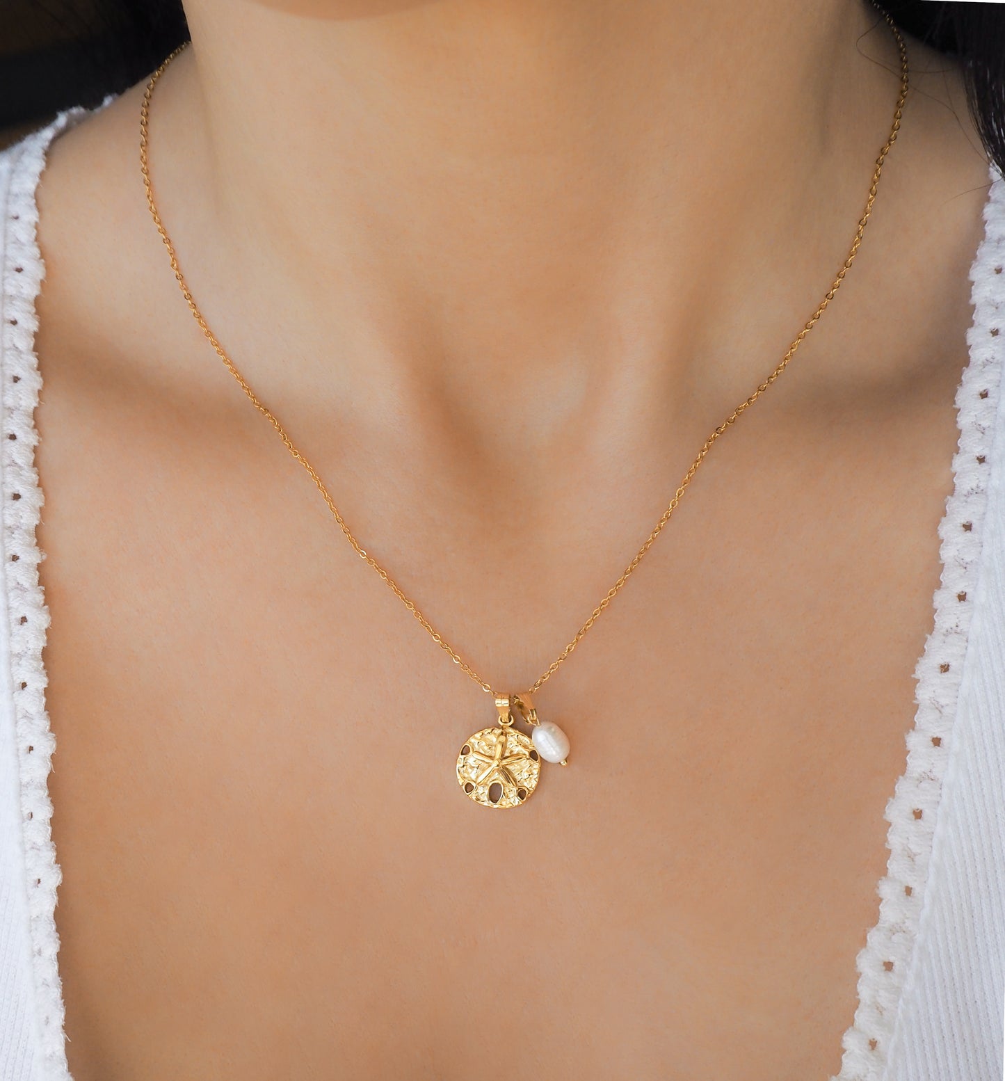 Gold Sand Dollar White Freshwater Pearl Necklace on neck model