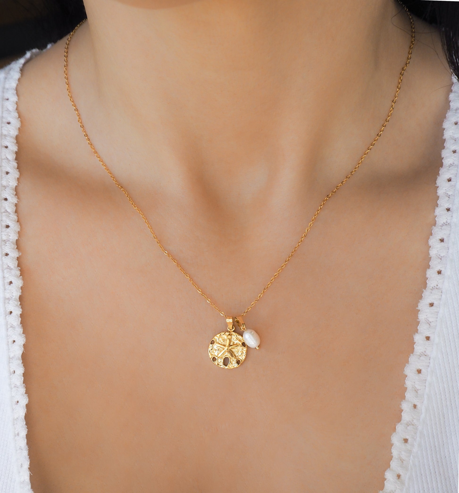 Gold Sand Dollar White Freshwater Pearl Necklace on neck model