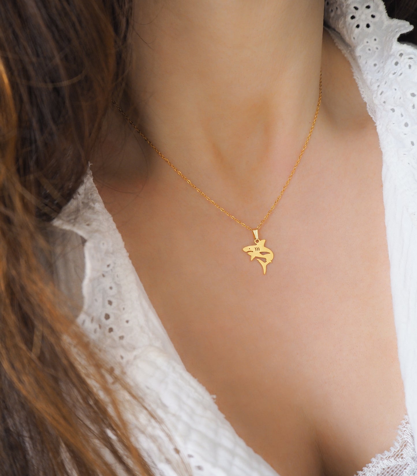 Gold Shark Necklace on model