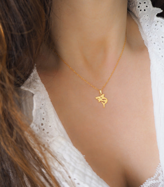 Gold Shark Necklace on model
